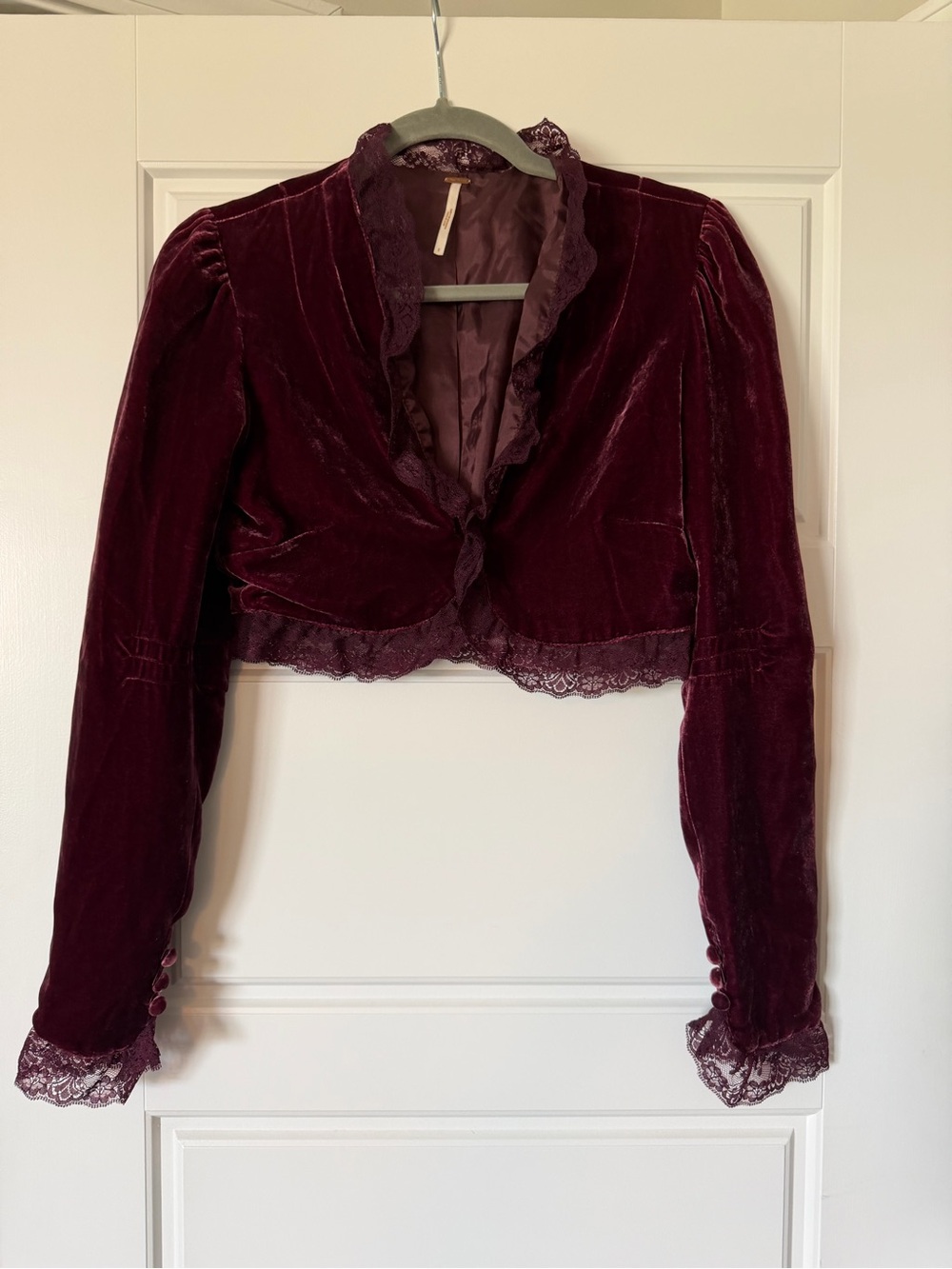 Free People Velvet Lace-Trim Cropped Blazer Jacket - Wine